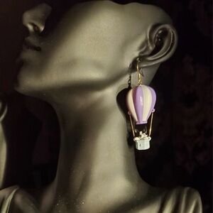 Elegant Cartoon Polar Bear Purple and Gold Hot Air Balloon Earrings